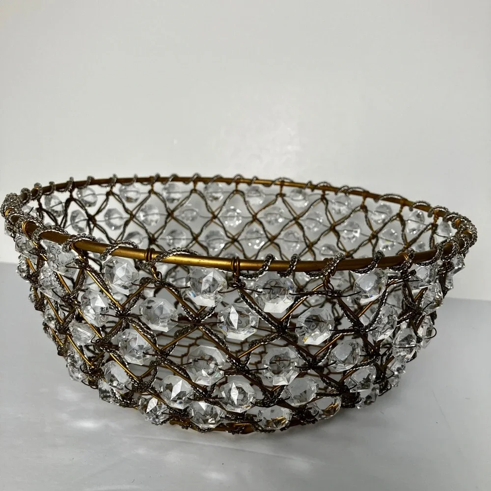 Vintage Gold Wire Crystal Basket Decorative Beaded Bowl Centerpiece 10 Inch